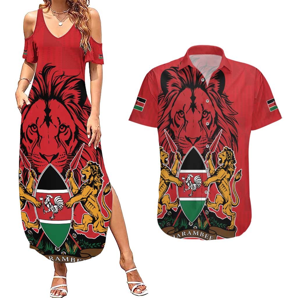 Kenya Couples Matching Summer Maxi Dress and Hawaiian Shirt Coat Of Arms With Kente Patterns - Wonder Print Shop