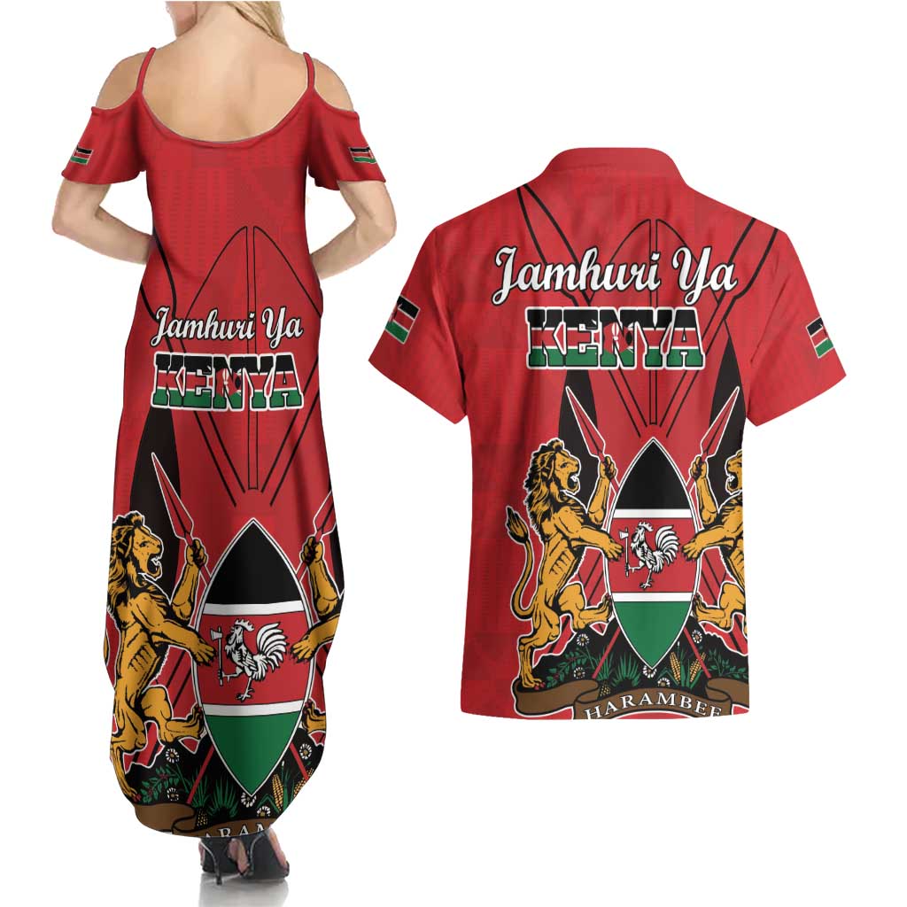 Kenya Couples Matching Summer Maxi Dress and Hawaiian Shirt Coat Of Arms With Kente Patterns - Wonder Print Shop