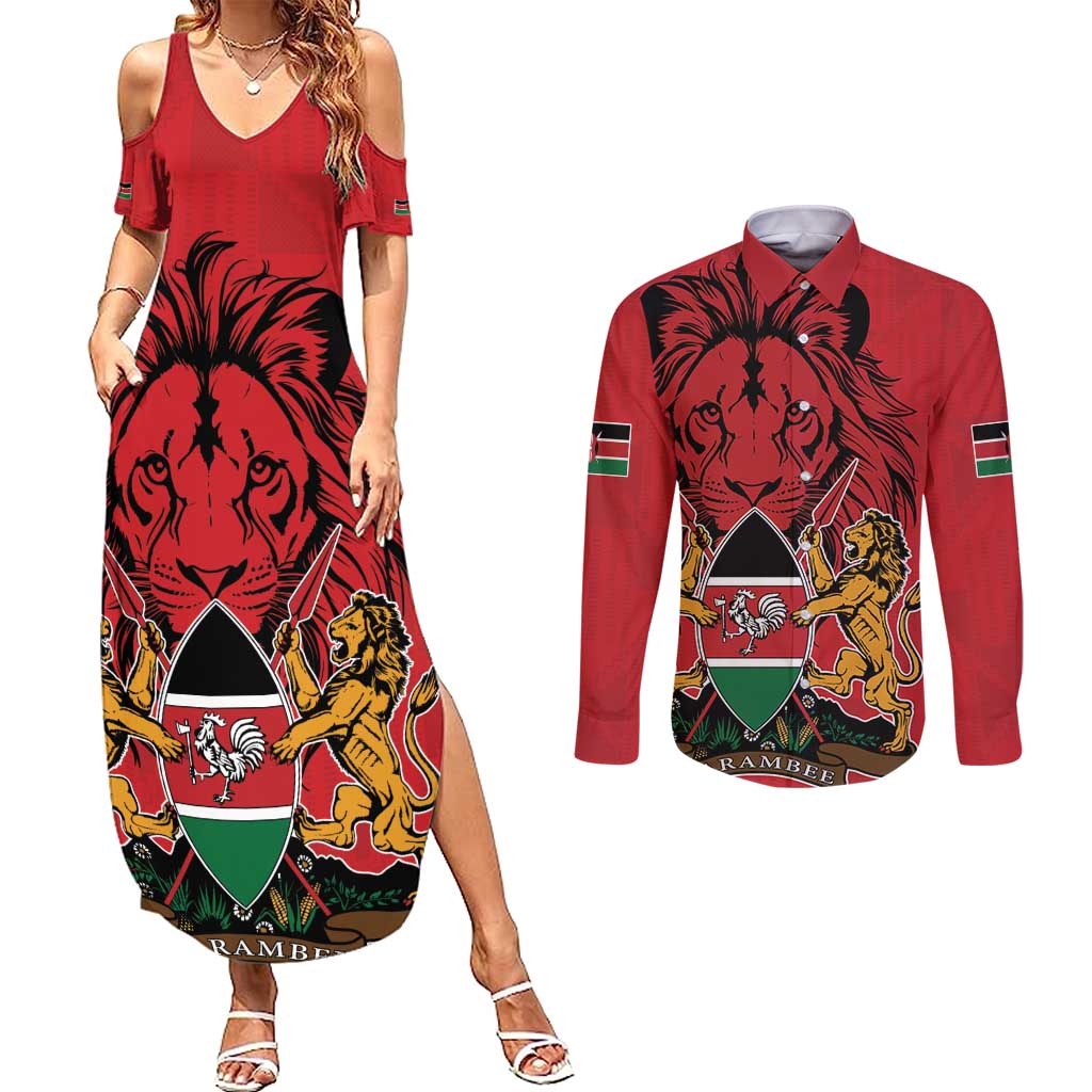 Kenya Couples Matching Summer Maxi Dress and Long Sleeve Button Shirt Coat Of Arms With Kente Patterns - Wonder Print Shop