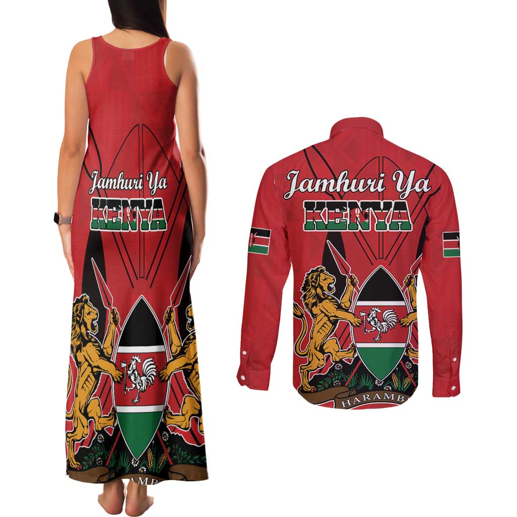 Kenya Couples Matching Tank Maxi Dress and Long Sleeve Button Shirt Coat Of Arms With Kente Patterns - Wonder Print Shop