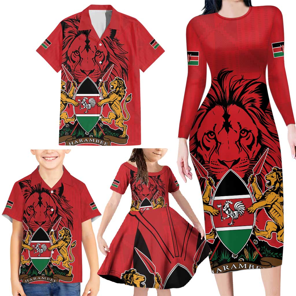 Kenya Family Matching Long Sleeve Bodycon Dress and Hawaiian Shirt Coat Of Arms With Kente Patterns - Wonder Print Shop