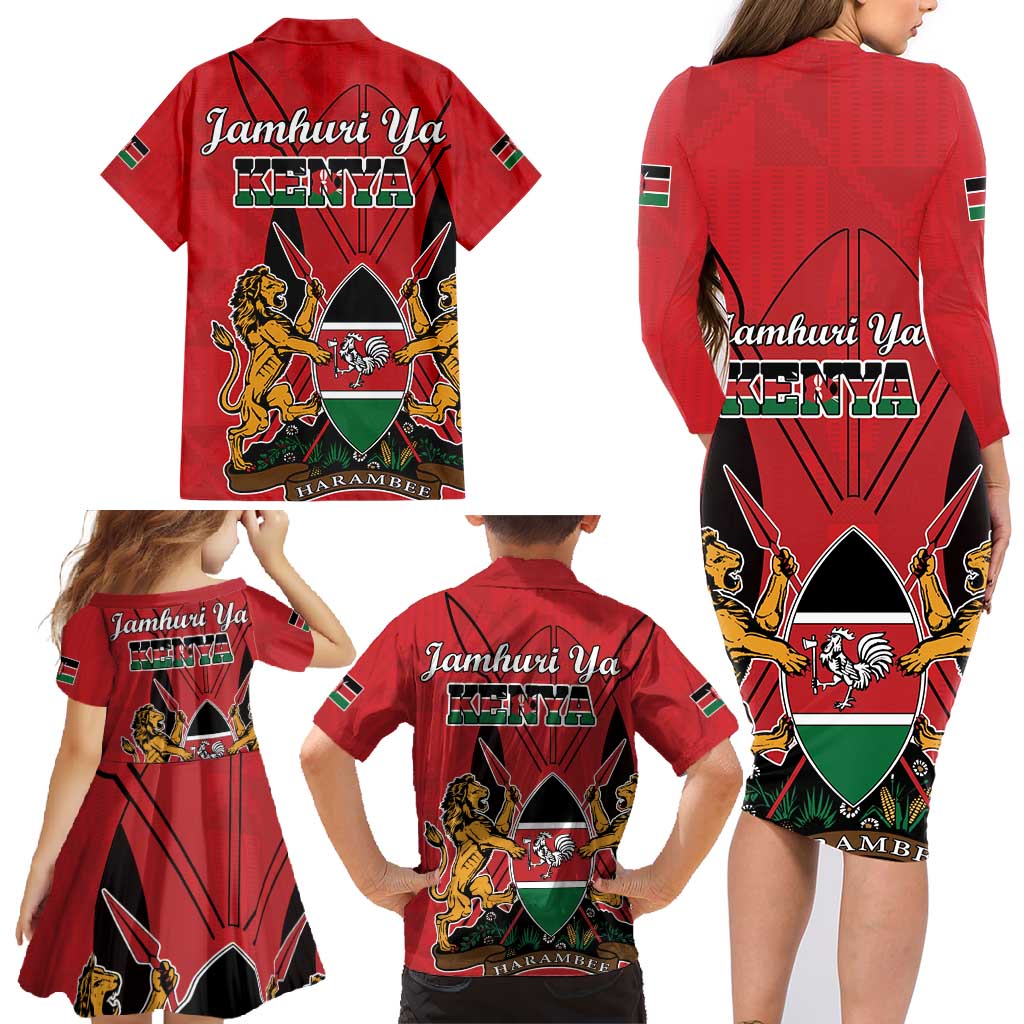 Kenya Family Matching Long Sleeve Bodycon Dress and Hawaiian Shirt Coat Of Arms With Kente Patterns - Wonder Print Shop