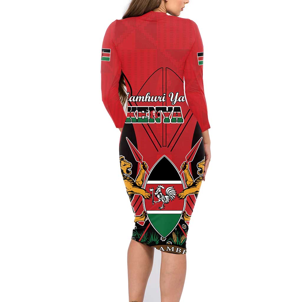 Kenya Family Matching Long Sleeve Bodycon Dress and Hawaiian Shirt Coat Of Arms With Kente Patterns - Wonder Print Shop