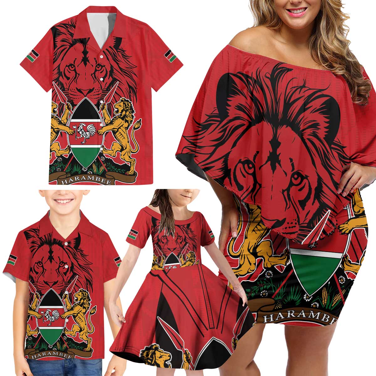 Kenya Family Matching Off Shoulder Short Dress and Hawaiian Shirt Coat Of Arms With Kente Patterns - Wonder Print Shop