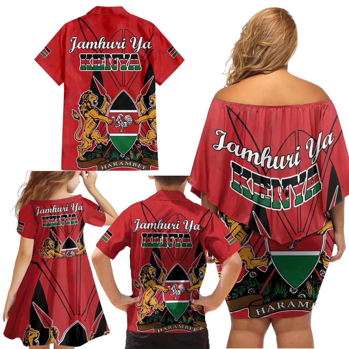 Kenya Family Matching Off Shoulder Short Dress and Hawaiian Shirt Coat Of Arms With Kente Patterns - Wonder Print Shop