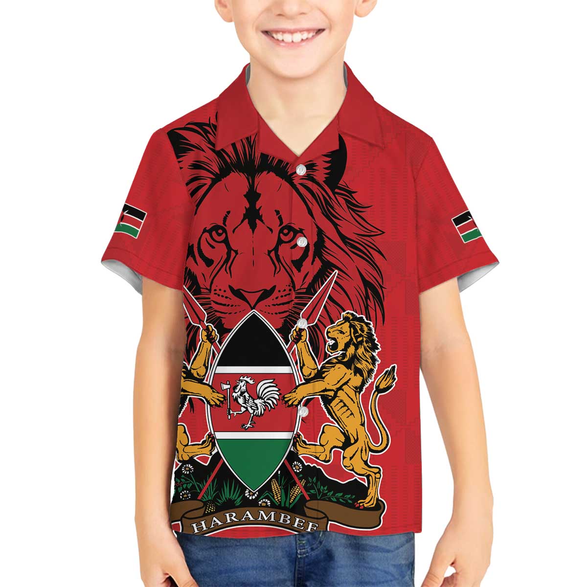 Kenya Family Matching Off Shoulder Short Dress and Hawaiian Shirt Coat Of Arms With Kente Patterns - Wonder Print Shop