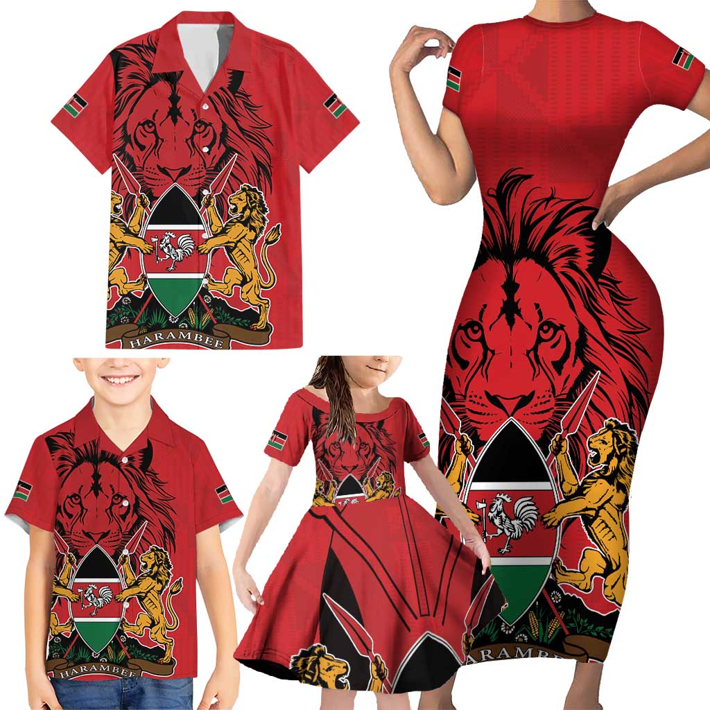 Kenya Family Matching Short Sleeve Bodycon Dress and Hawaiian Shirt Coat Of Arms With Kente Patterns - Wonder Print Shop