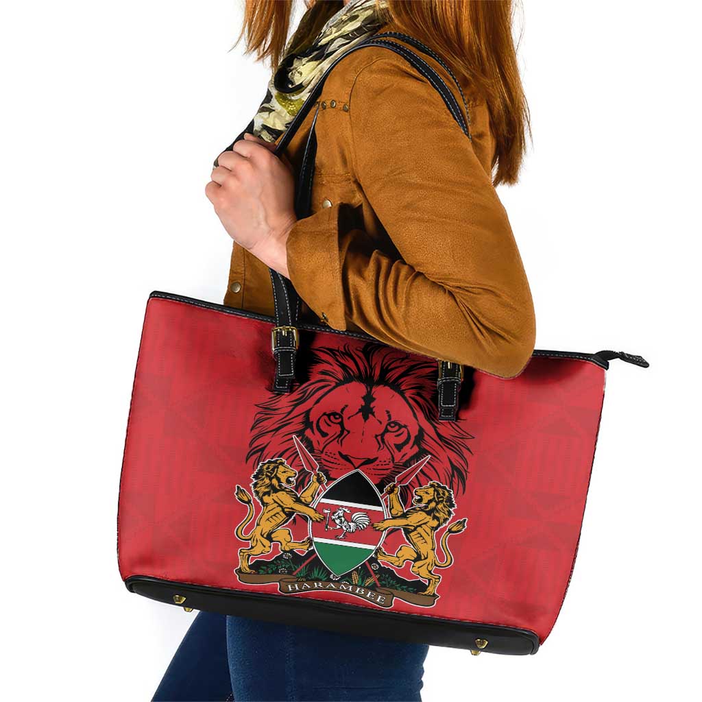 Kenya Leather Tote Bag Coat Of Arms With Kente Patterns - Wonder Print Shop