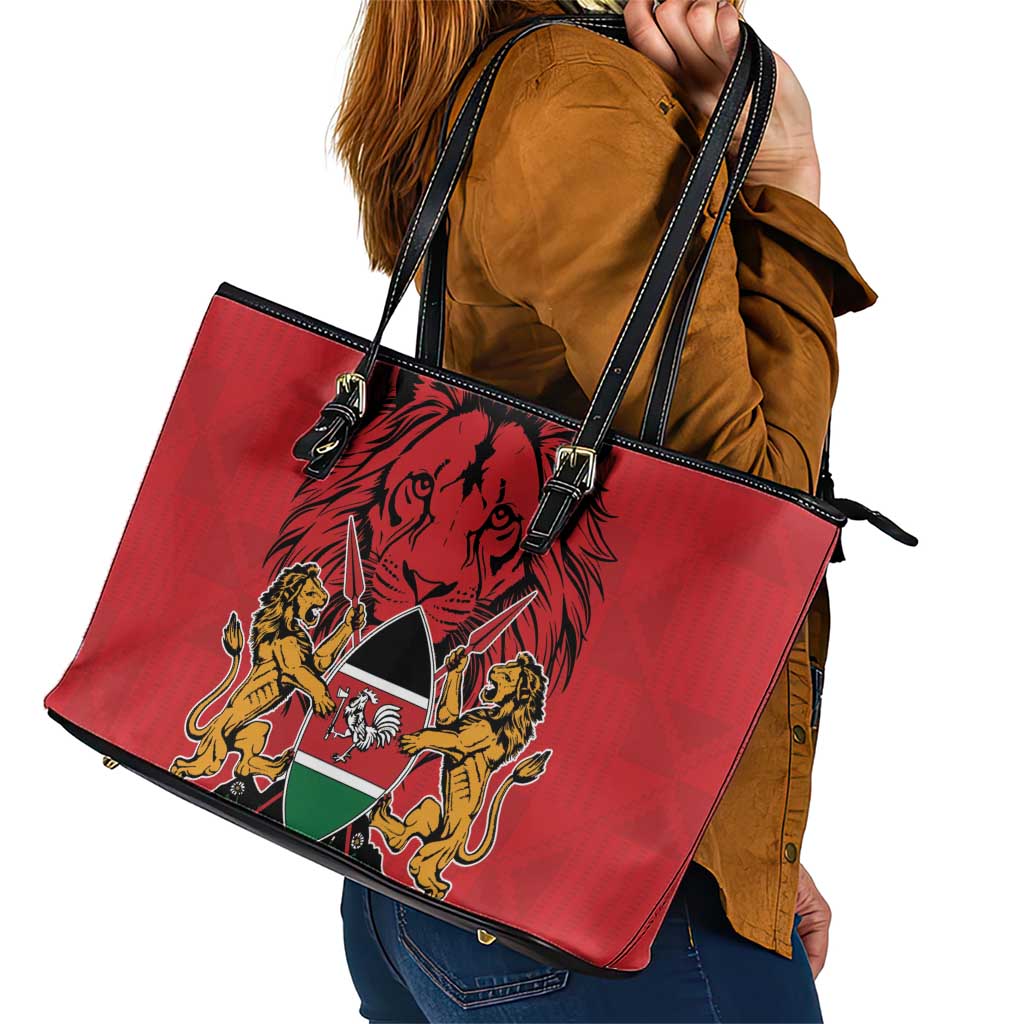 Kenya Leather Tote Bag Coat Of Arms With Kente Patterns - Wonder Print Shop