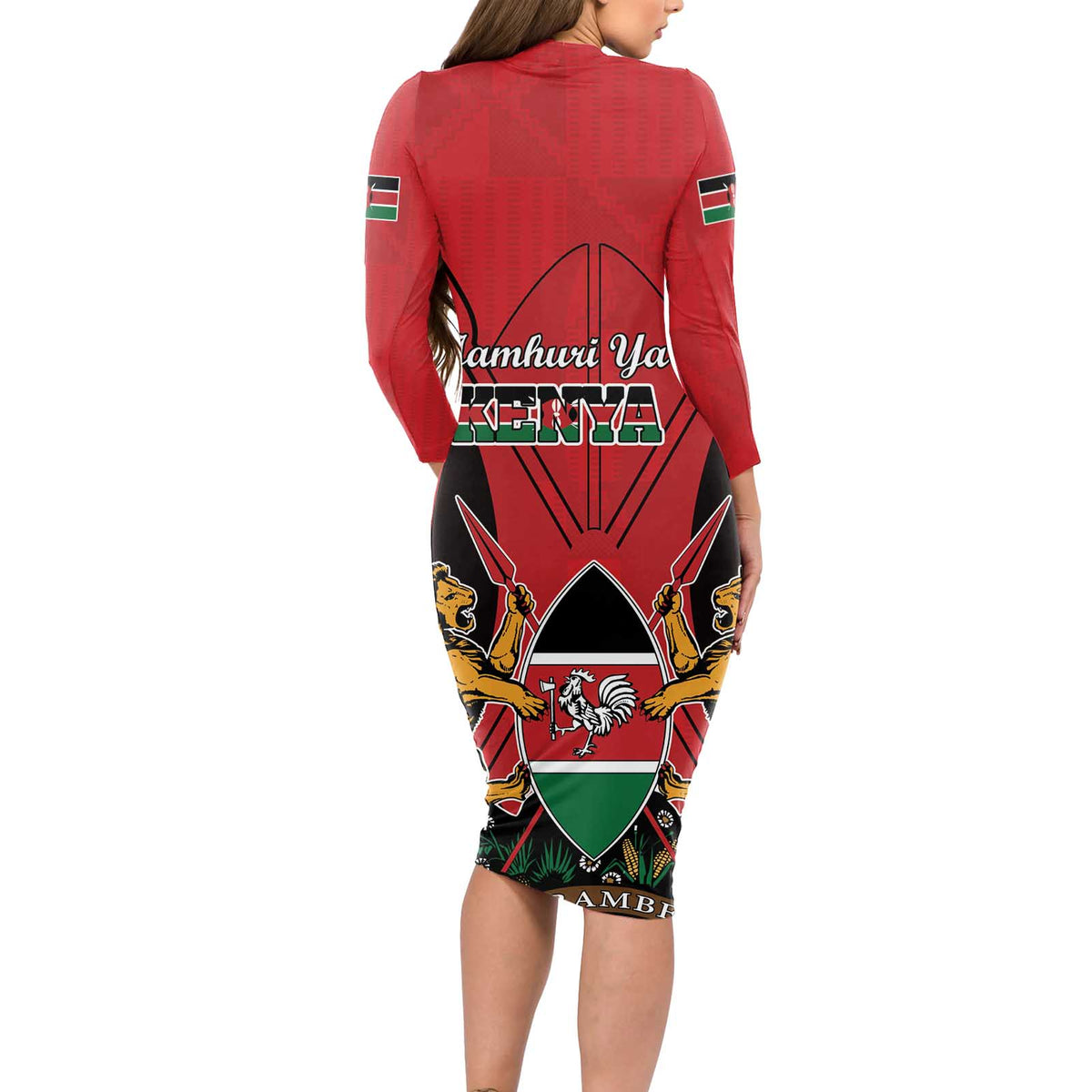 Kenya Long Sleeve Bodycon Dress Coat Of Arms With Kente Patterns - Wonder Print Shop