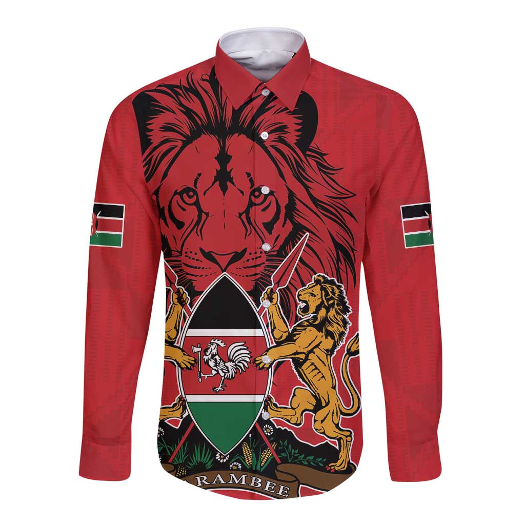 Kenya Long Sleeve Button Shirt Coat Of Arms With Kente Patterns - Wonder Print Shop