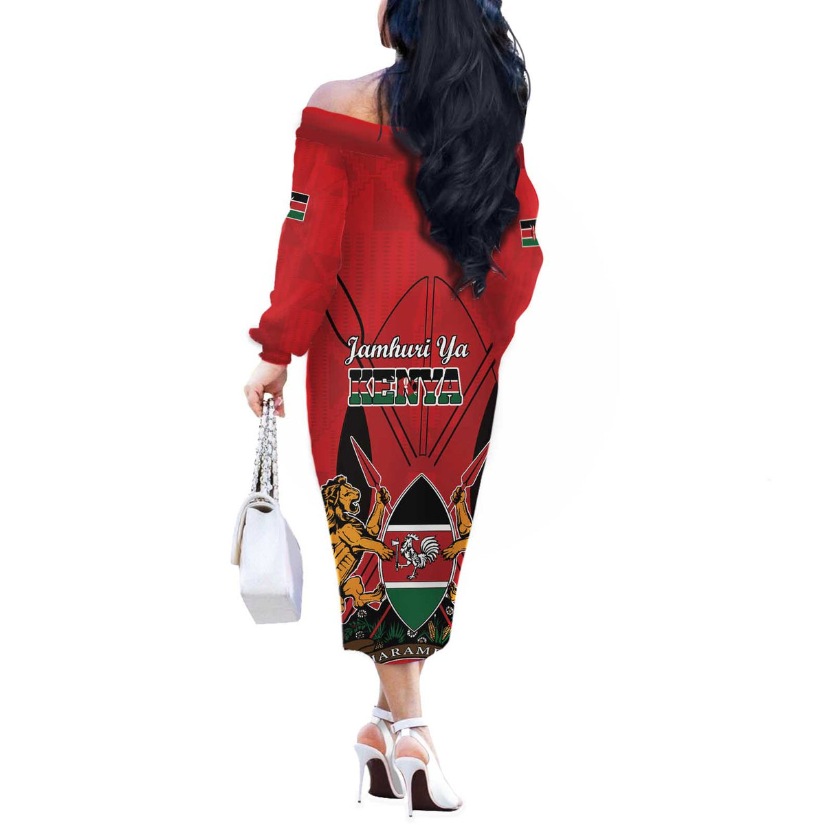 Kenya Off The Shoulder Long Sleeve Dress Coat Of Arms With Kente Patterns - Wonder Print Shop