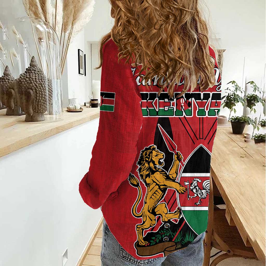 Kenya Women Casual Shirt Coat Of Arms With Kente Patterns - Wonder Print Shop