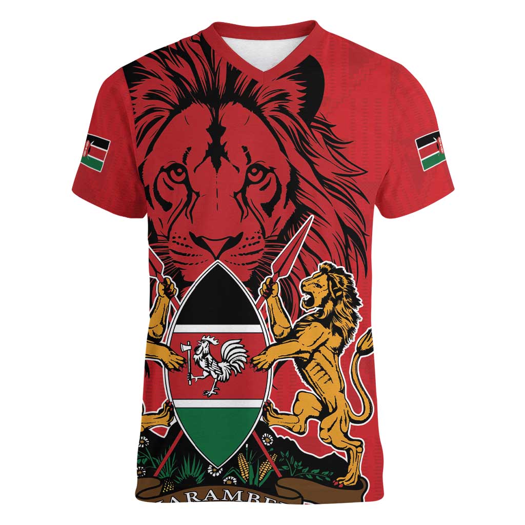 Kenya Women V-Neck T-Shirt Coat Of Arms With Kente Patterns - Wonder Print Shop