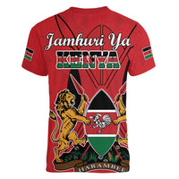 Kenya Women V-Neck T-Shirt Coat Of Arms With Kente Patterns - Wonder Print Shop