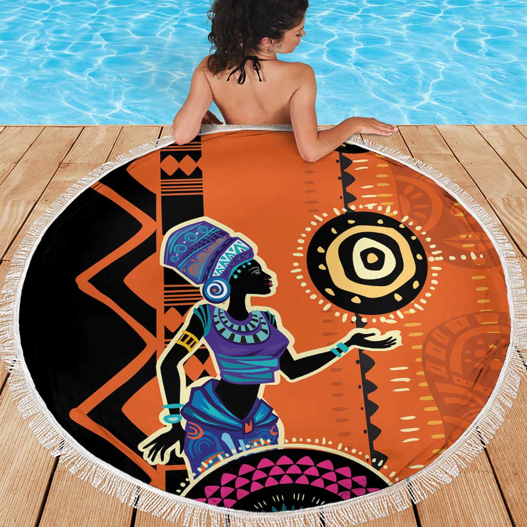 African Woman In Ethnic Dress Beach Blanket Ethnic Geometric Patterns - Wonder Print Shop