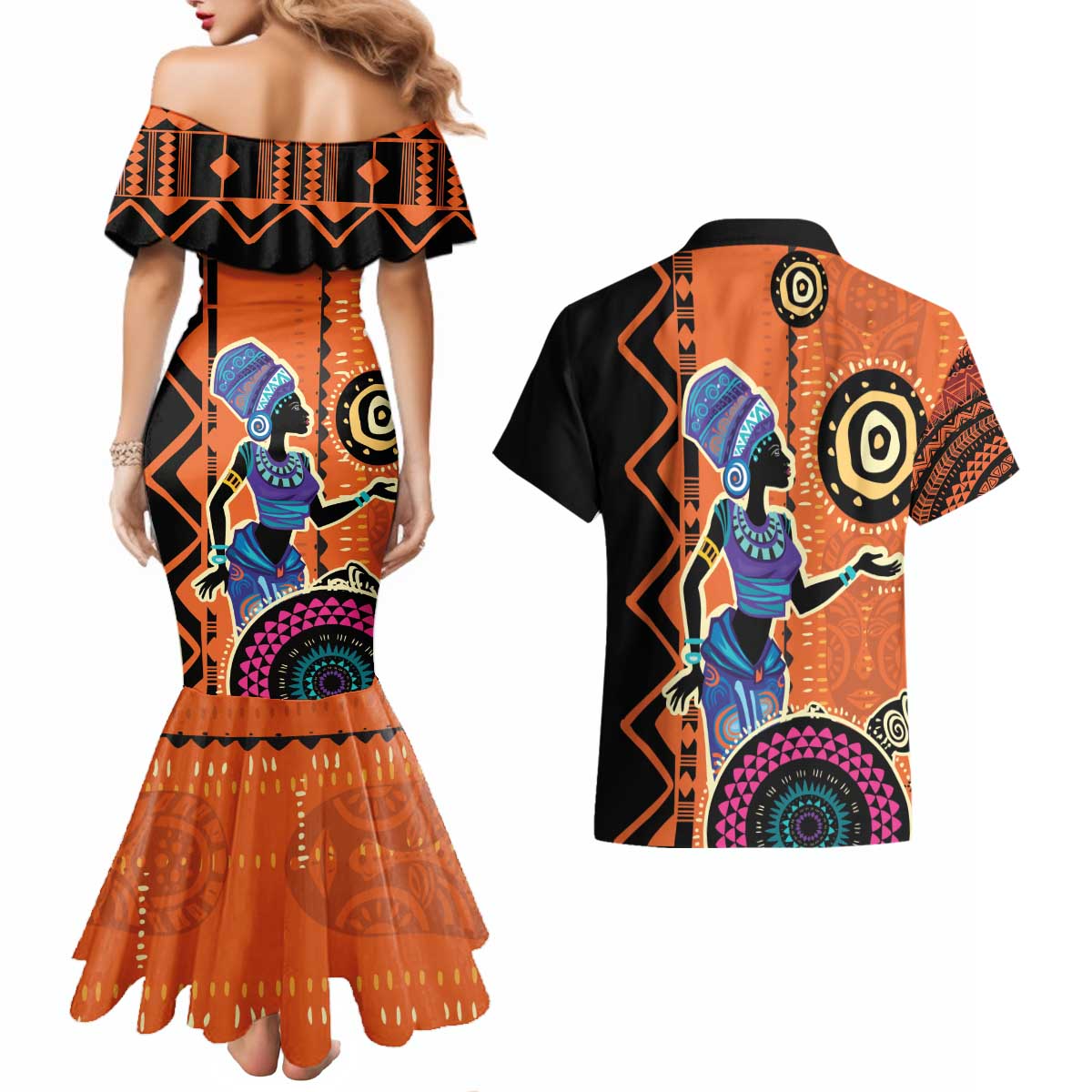 African Woman In Ethnic Dress Couples Matching Mermaid Dress and Hawaiian Shirt Ethnic Geometric Patterns - Wonder Print Shop