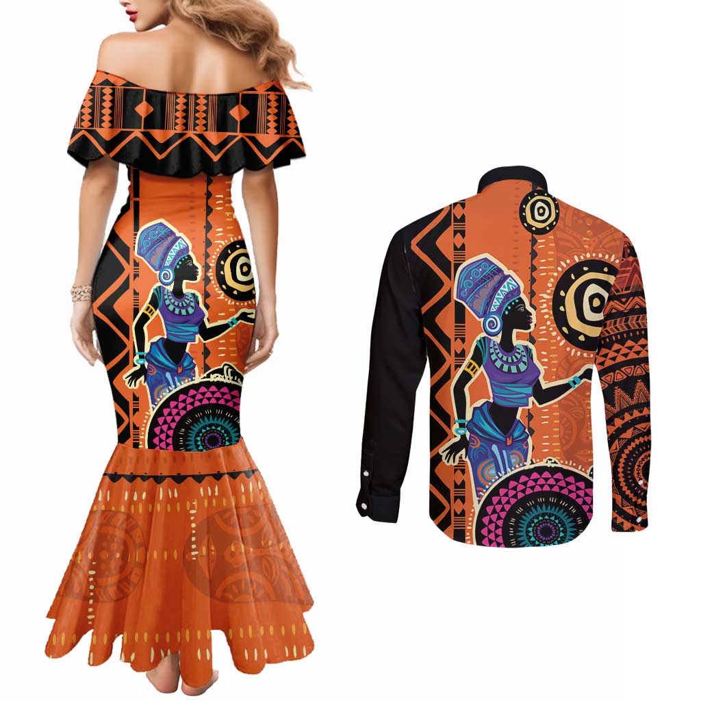 African Woman In Ethnic Dress Couples Matching Mermaid Dress and Long Sleeve Button Shirt Ethnic Geometric Patterns