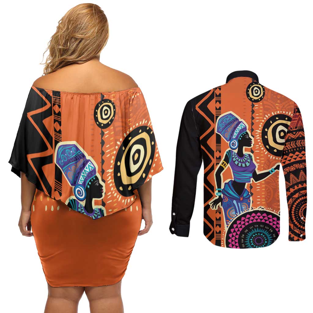 African Woman In Ethnic Dress Couples Matching Off Shoulder Short Dress and Long Sleeve Button Shirt Ethnic Geometric Patterns - Wonder Print Shop