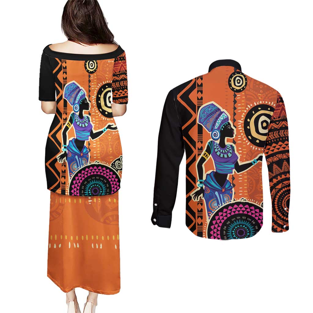 African Woman In Ethnic Dress Couples Matching Puletasi and Long Sleeve Button Shirt Ethnic Geometric Patterns - Wonder Print Shop