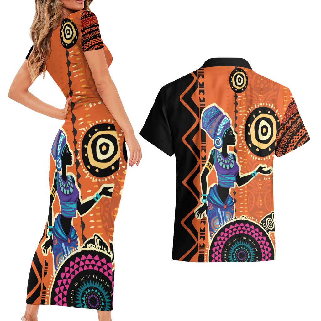 African Woman In Ethnic Dress Couples Matching Short Sleeve Bodycon Dress and Hawaiian Shirt Ethnic Geometric Patterns - Wonder Print Shop