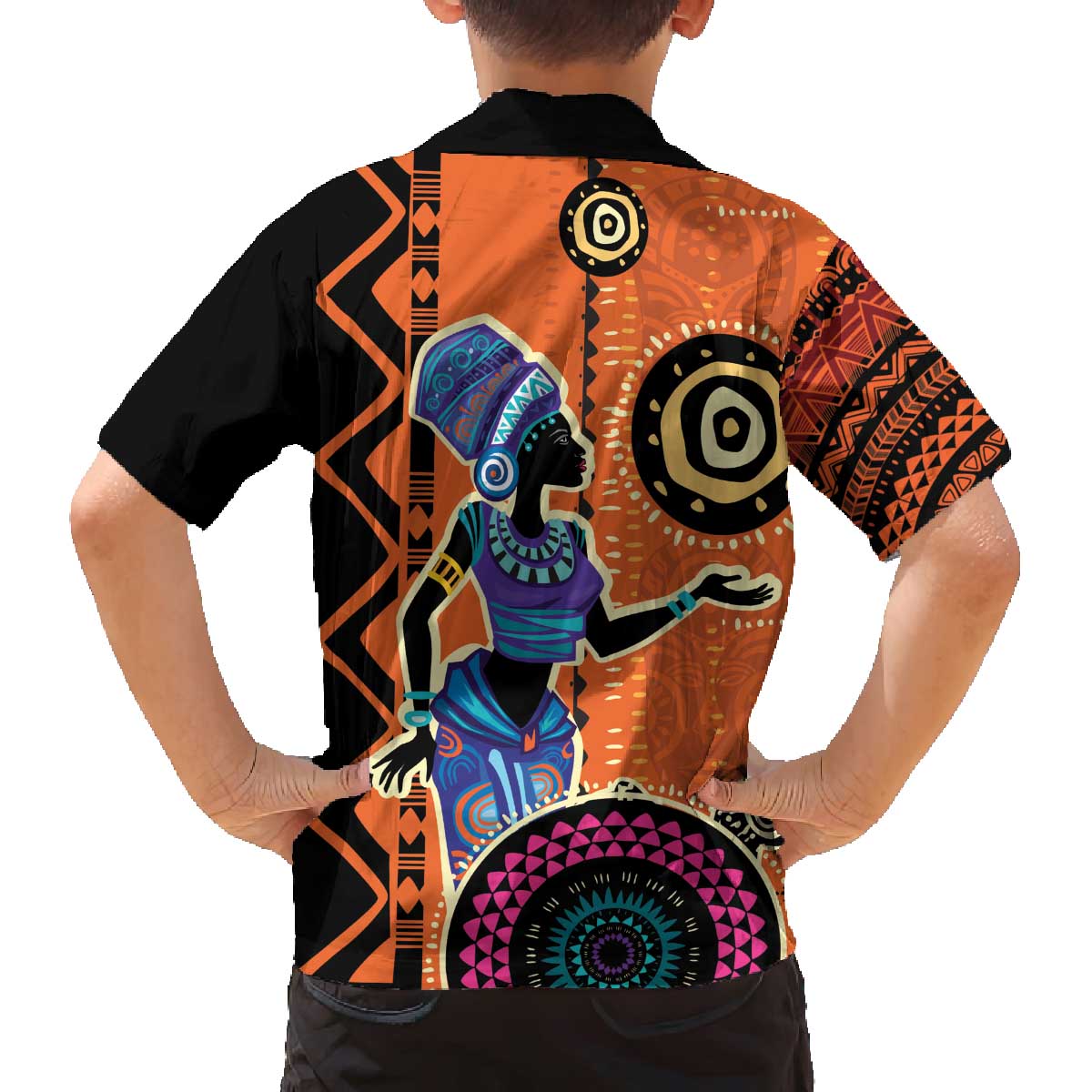 African Woman In Ethnic Dress Family Matching Off Shoulder Short Dress and Hawaiian Shirt Ethnic Geometric Patterns - Wonder Print Shop