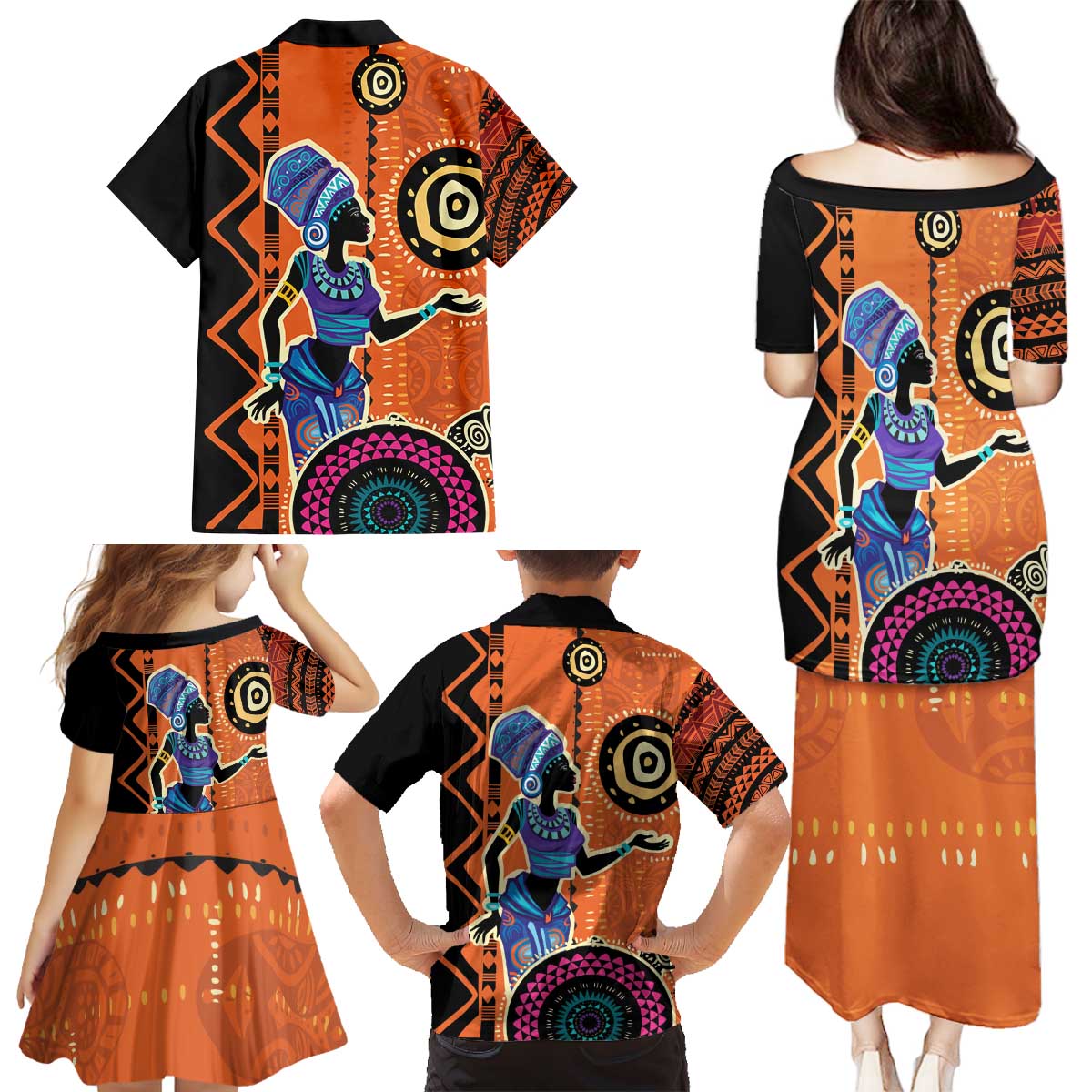 African Woman In Ethnic Dress Family Matching Puletasi and Hawaiian Shirt Ethnic Geometric Patterns - Wonder Print Shop