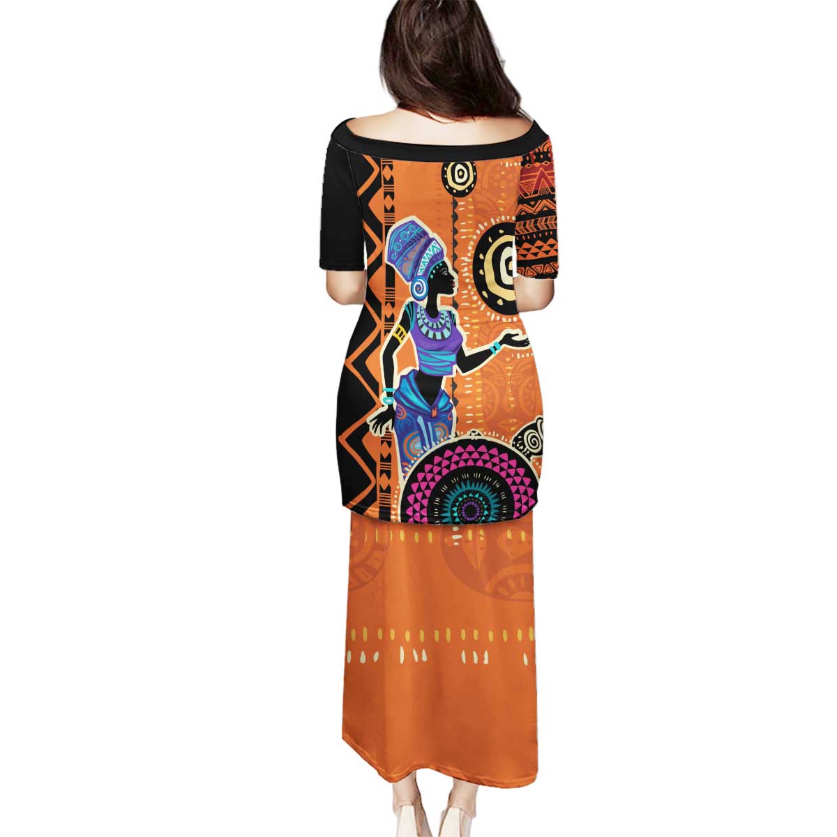 African Woman In Ethnic Dress Family Matching Puletasi and Hawaiian Shirt Ethnic Geometric Patterns - Wonder Print Shop