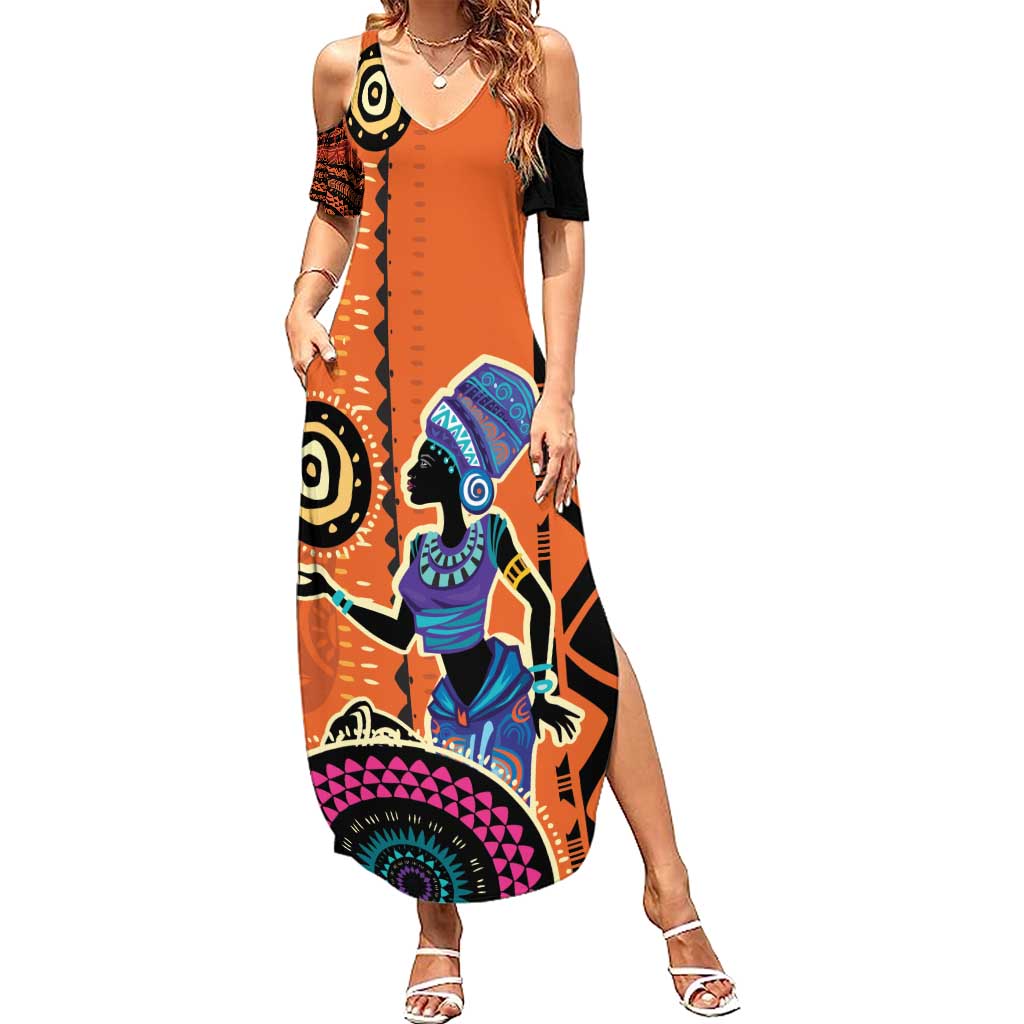 African Woman In Ethnic Dress Family Matching Summer Maxi Dress and Hawaiian Shirt Ethnic Geometric Patterns - Wonder Print Shop