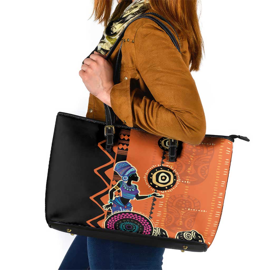 African Woman In Ethnic Dress Leather Tote Bag Ethnic Geometric Patterns - Wonder Print Shop