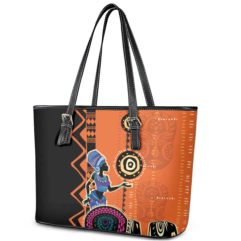 African Woman In Ethnic Dress Leather Tote Bag Ethnic Geometric Patterns - Wonder Print Shop