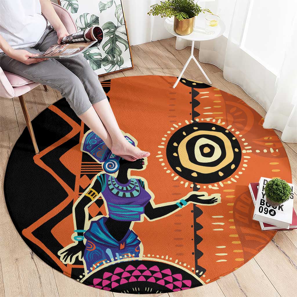 African Woman In Ethnic Dress Round Carpet Ethnic Geometric Patterns