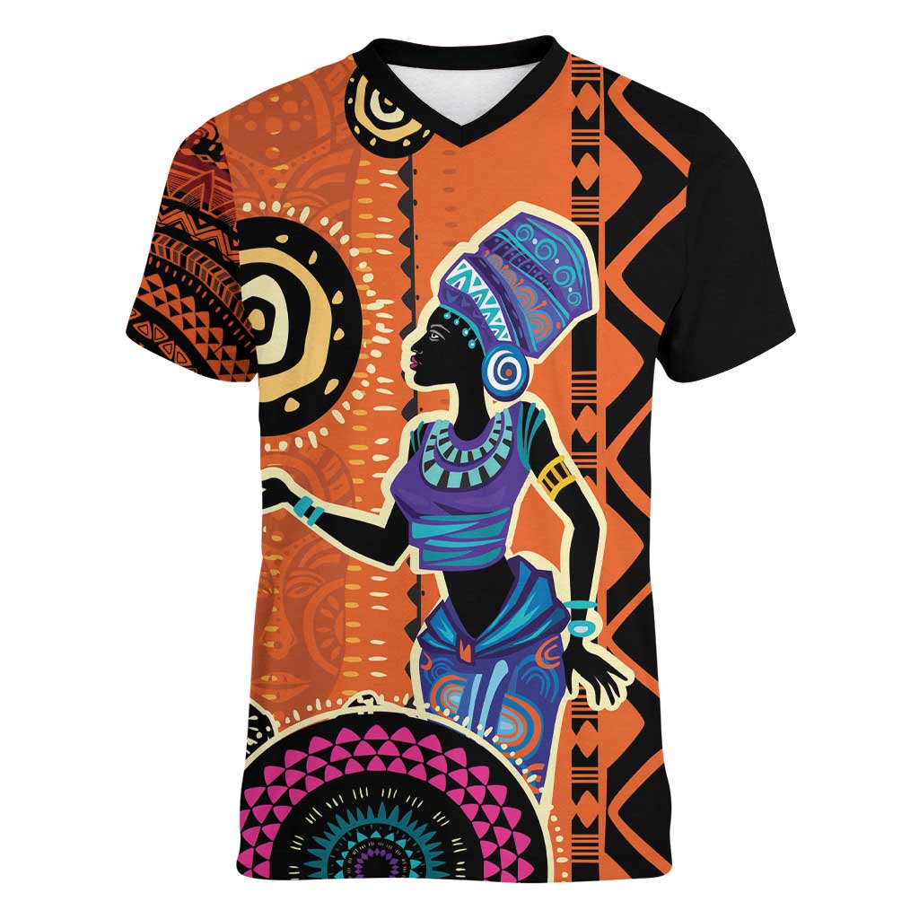 African Woman In Ethnic Dress Women V-Neck T-Shirt Ethnic Geometric Patterns - Wonder Print Shop