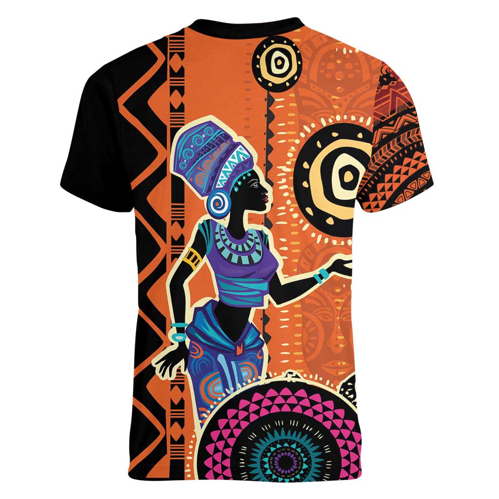 African Woman In Ethnic Dress Women V-Neck T-Shirt Ethnic Geometric Patterns - Wonder Print Shop