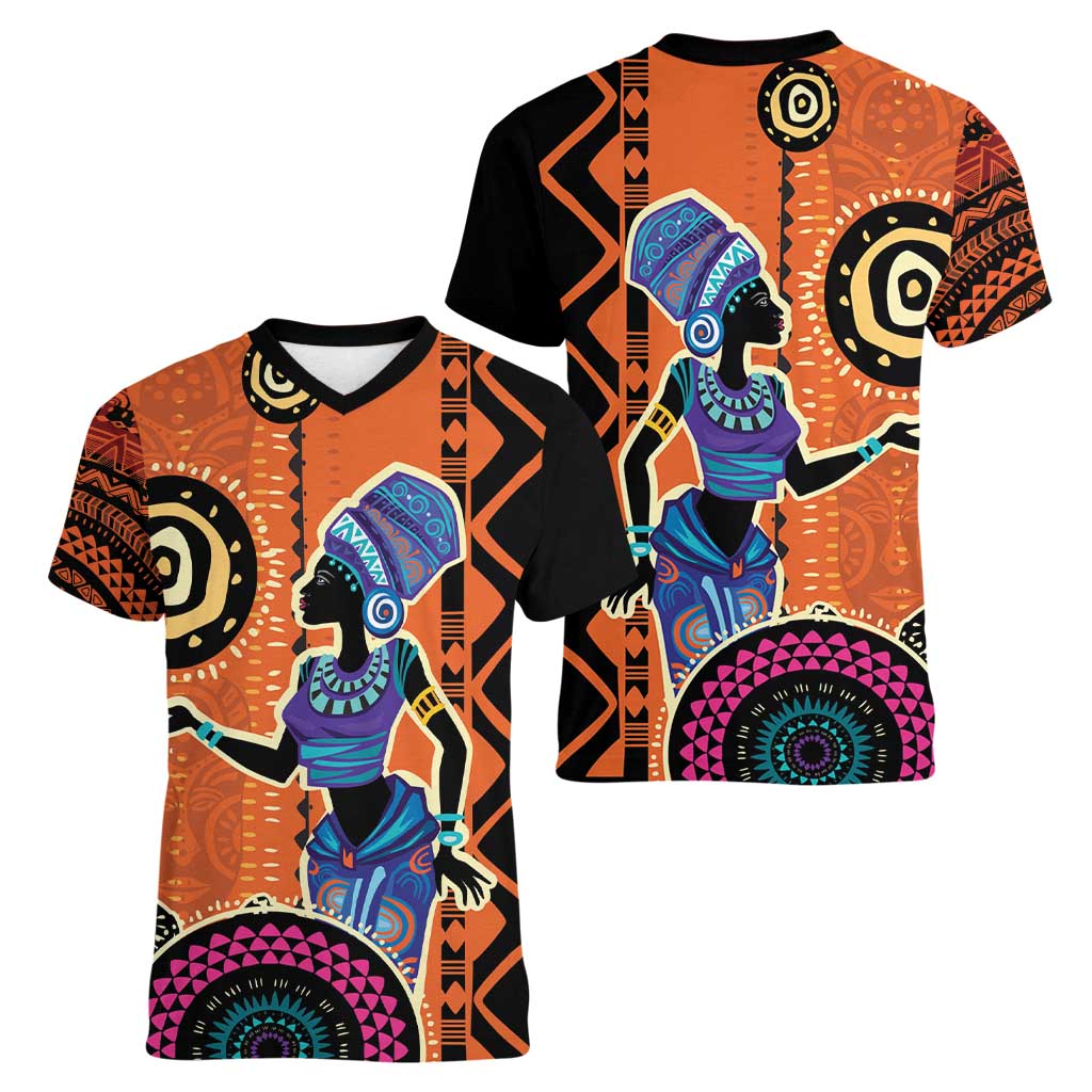 African Woman In Ethnic Dress Women V-Neck T-Shirt Ethnic Geometric Patterns - Wonder Print Shop