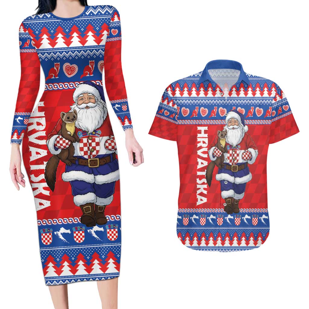 Croatia Christmas Couples Matching Long Sleeve Bodycon Dress and Hawaiian Shirt Djed Bozicnjak Hrvatska - Wonder Print Shop