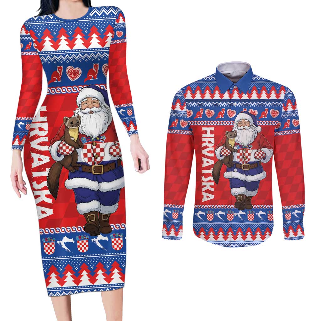 Croatia Christmas Couples Matching Long Sleeve Bodycon Dress and Long Sleeve Button Shirt Djed Bozicnjak Hrvatska - Wonder Print Shop