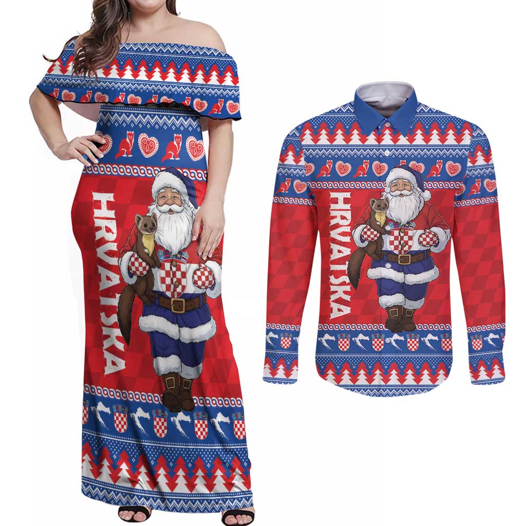 Croatia Christmas Couples Matching Off Shoulder Maxi Dress and Long Sleeve Button Shirt Djed Bozicnjak Hrvatska - Wonder Print Shop