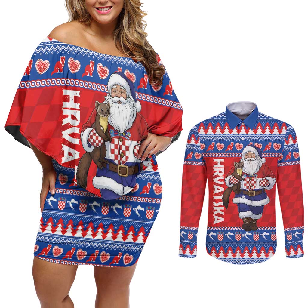 Croatia Christmas Couples Matching Off Shoulder Short Dress and Long Sleeve Button Shirt Djed Bozicnjak Hrvatska - Wonder Print Shop