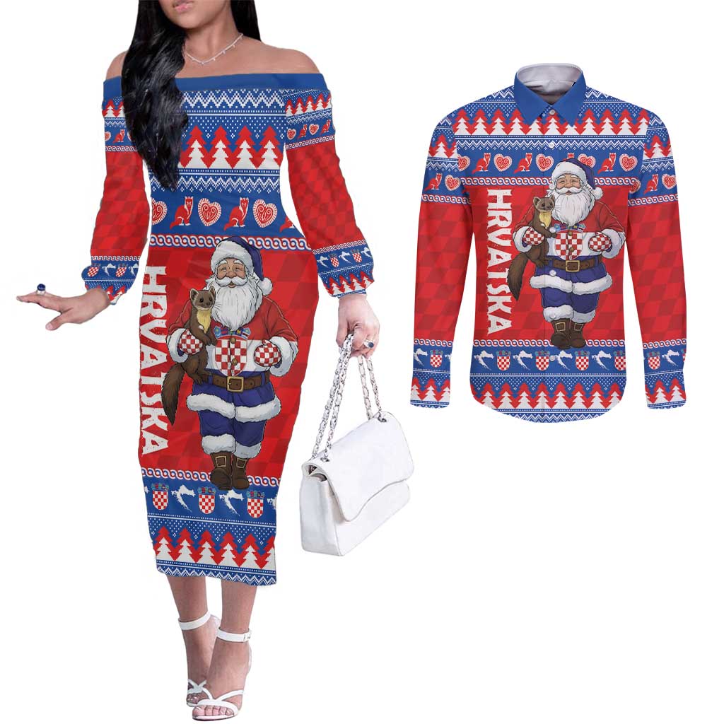 Croatia Christmas Couples Matching Off The Shoulder Long Sleeve Dress and Long Sleeve Button Shirt Djed Bozicnjak Hrvatska - Wonder Print Shop