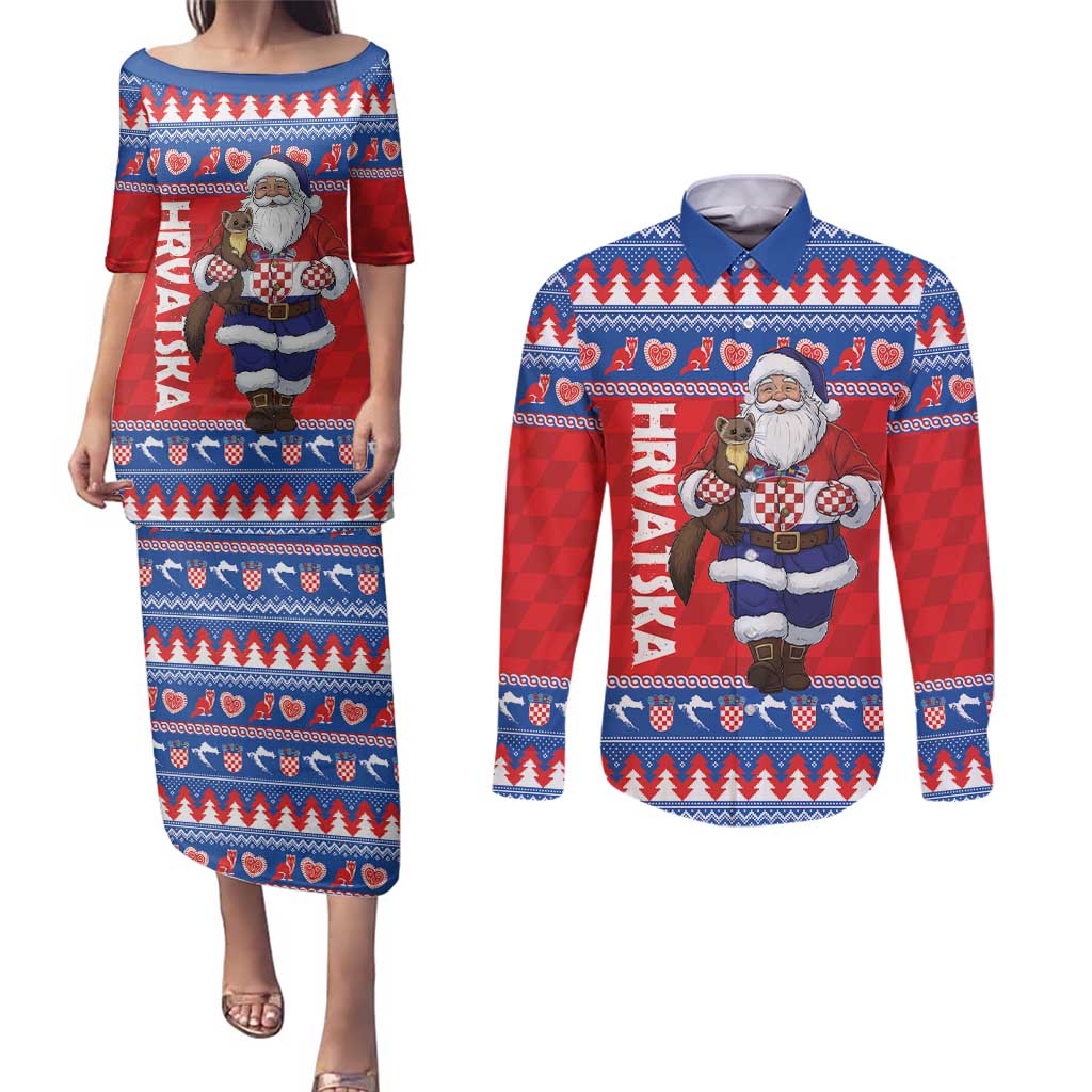 Croatia Christmas Couples Matching Puletasi and Long Sleeve Button Shirt Djed Bozicnjak Hrvatska - Wonder Print Shop