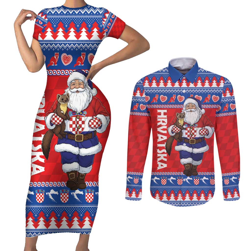 Croatia Christmas Couples Matching Short Sleeve Bodycon Dress and Long Sleeve Button Shirt Djed Bozicnjak Hrvatska - Wonder Print Shop