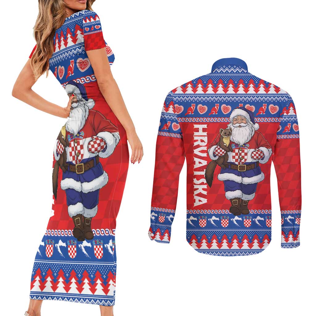 Croatia Christmas Couples Matching Short Sleeve Bodycon Dress and Long Sleeve Button Shirt Djed Bozicnjak Hrvatska - Wonder Print Shop