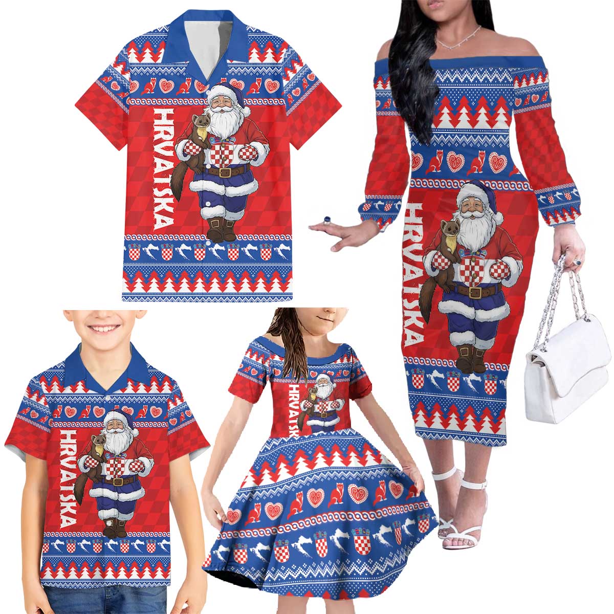 Croatia Christmas Family Matching Off The Shoulder Long Sleeve Dress and Hawaiian Shirt Djed Bozicnjak Hrvatska - Wonder Print Shop