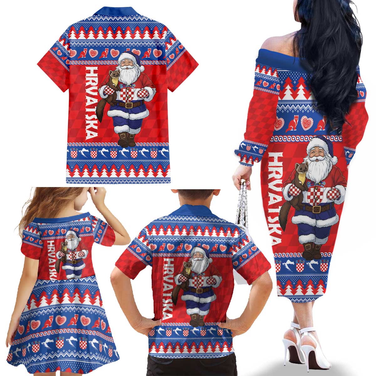 Croatia Christmas Family Matching Off The Shoulder Long Sleeve Dress and Hawaiian Shirt Djed Bozicnjak Hrvatska - Wonder Print Shop