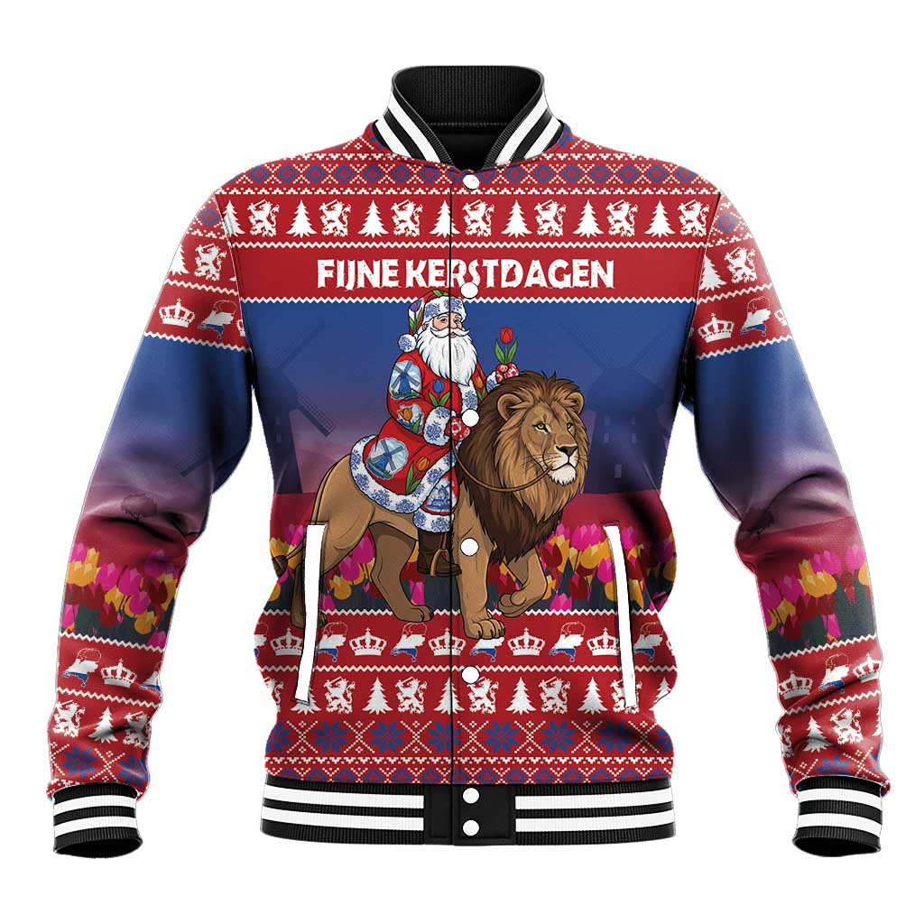 Netherlands Christmas Personalized Baseball Jacket Santa Riding Lion Fijne Kerstdagen - Wonder Print Shop