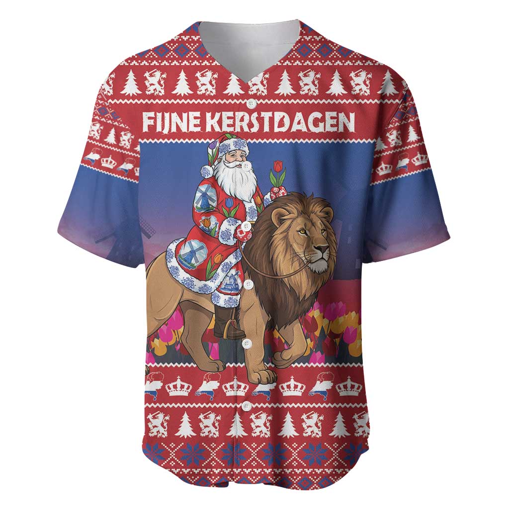 Netherlands Christmas Personalized Baseball Jersey Santa Riding Lion Fijne Kerstdagen - Wonder Print Shop