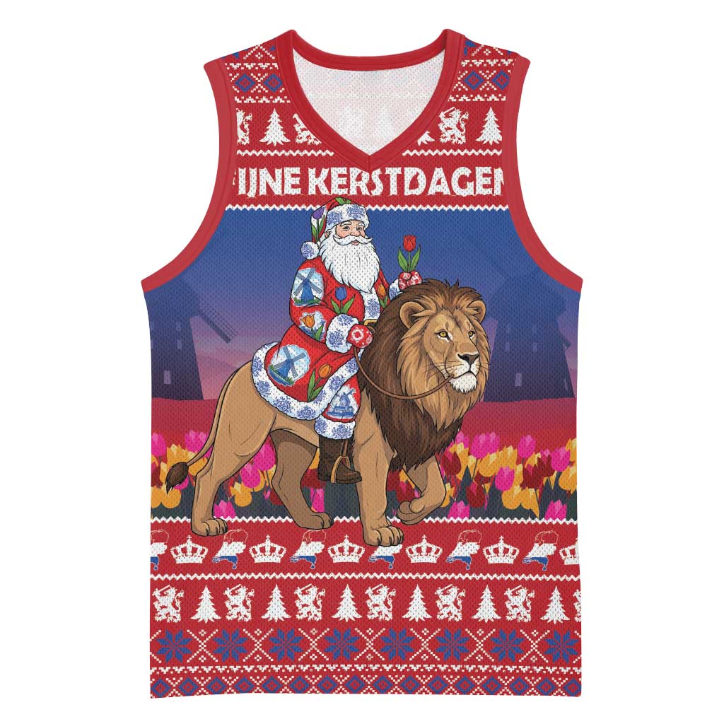 Netherlands Christmas Personalized Basketball Jersey Santa Riding Lion Fijne Kerstdagen - Wonder Print Shop