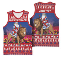 Netherlands Christmas Personalized Basketball Jersey Santa Riding Lion Fijne Kerstdagen - Wonder Print Shop