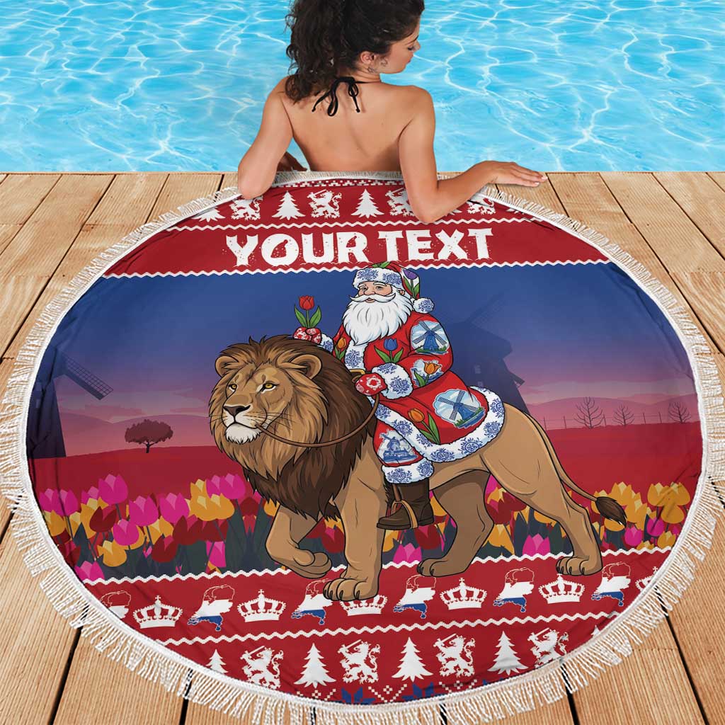 Netherlands Christmas Personalized Beach Blanket Santa Riding Lion Fijne Kerstdagen - Wonder Print Shop